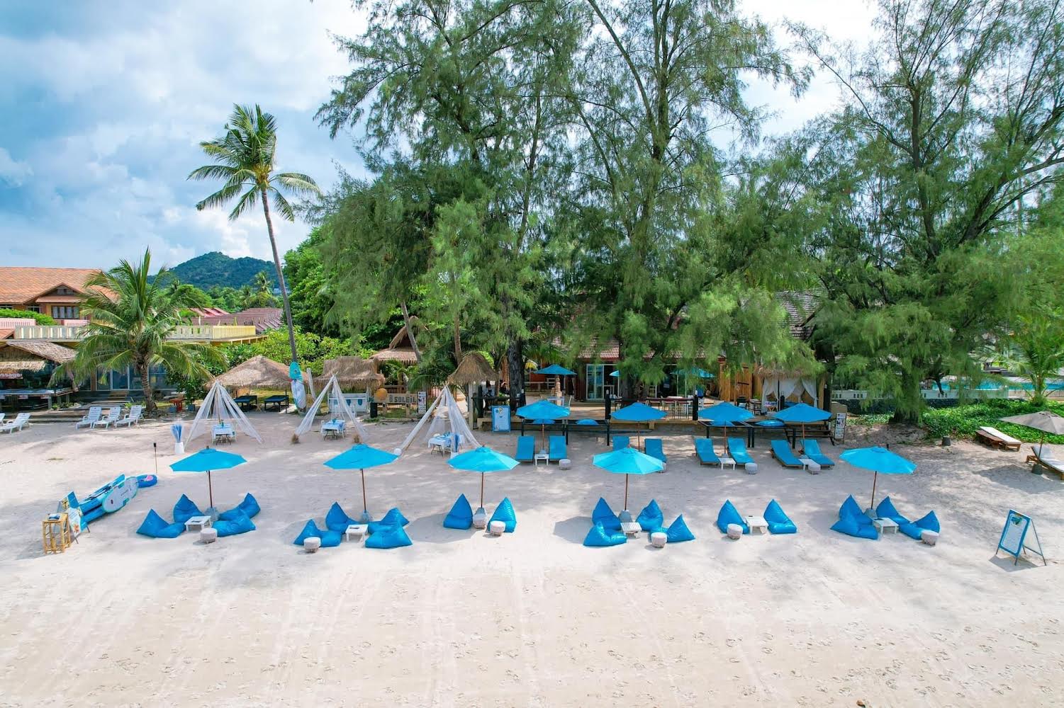 Beach day at The Blue Spice — sunbeds and beanbags on Choeng Mon Beach