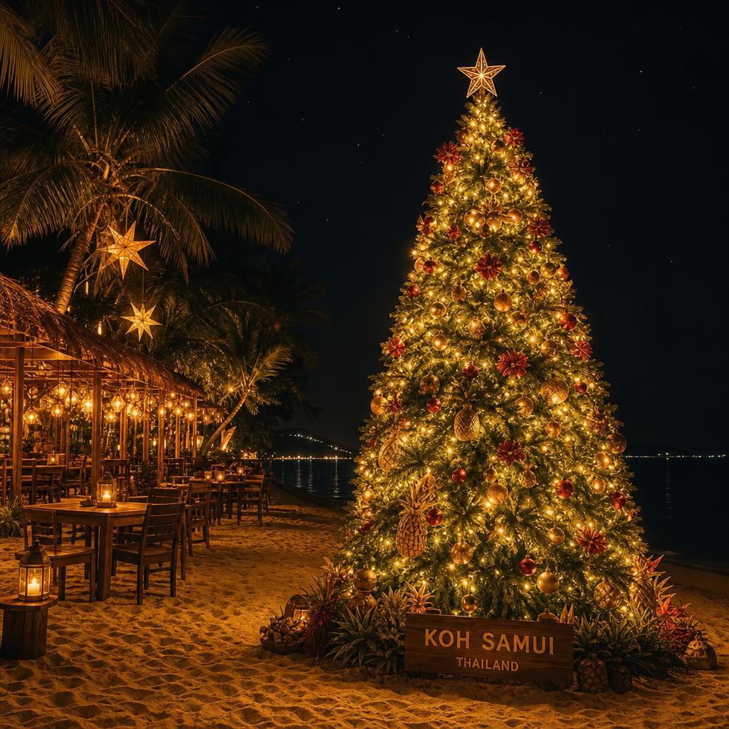 Festive Christmas tree on the beach at The Blue Spice