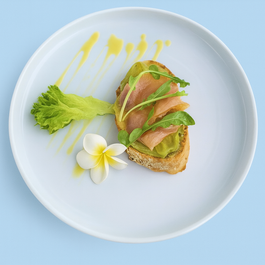 Avocado & smoked salmon toast with microgreens and frangipani