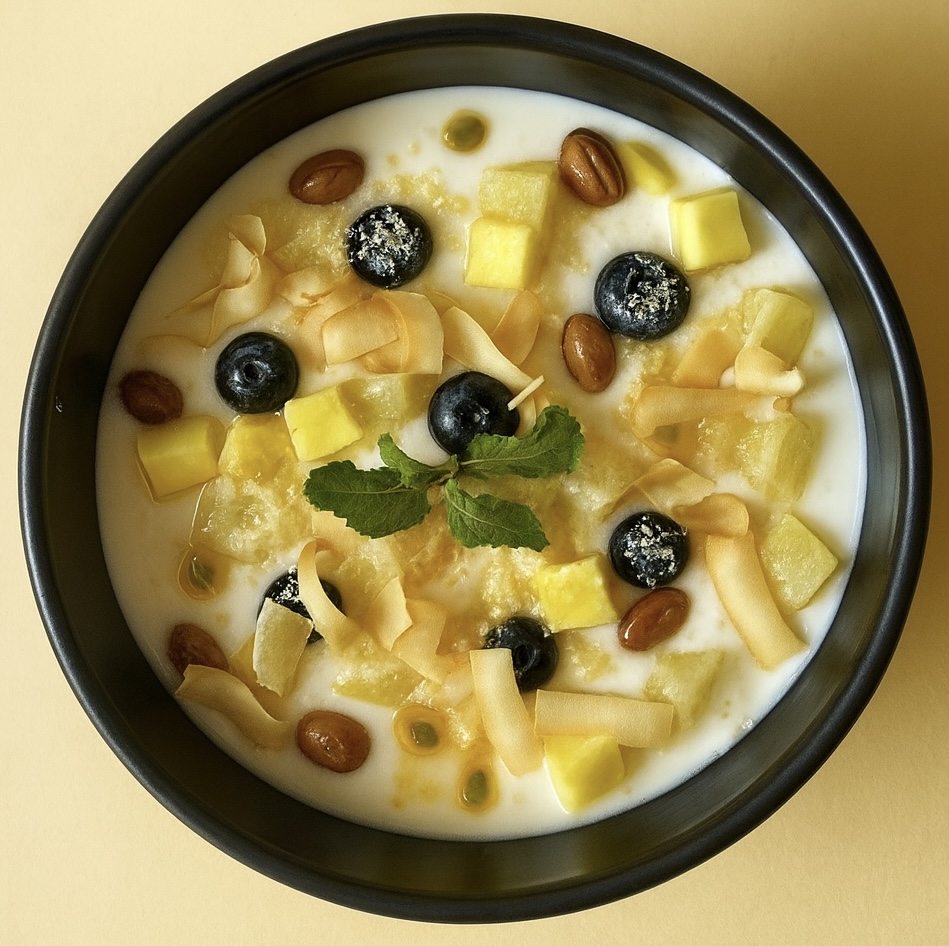 Tropical fruit bowl — coconut, mango, blueberries and almonds in coconut milk