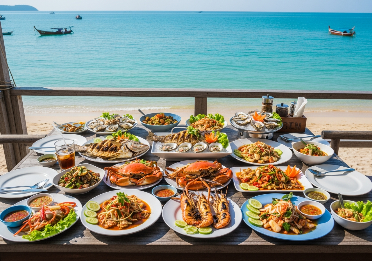 Cenar mariscos en la playa de Choeng Mon