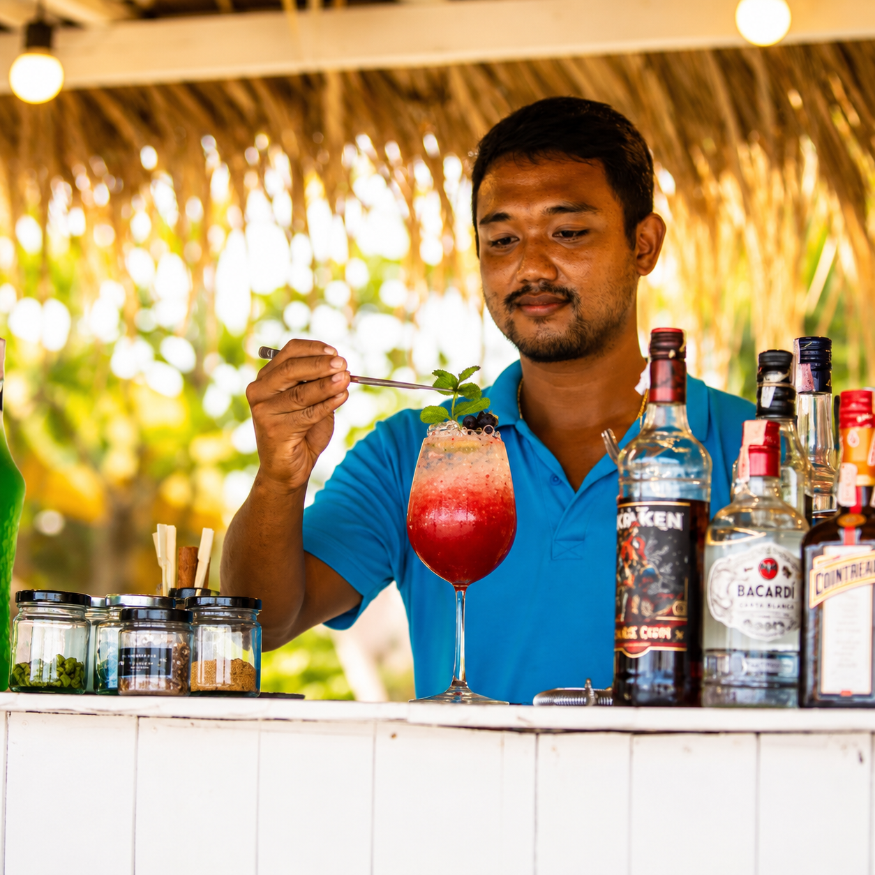 Camarero decorando un cóctel rojo en el bar frente al mar