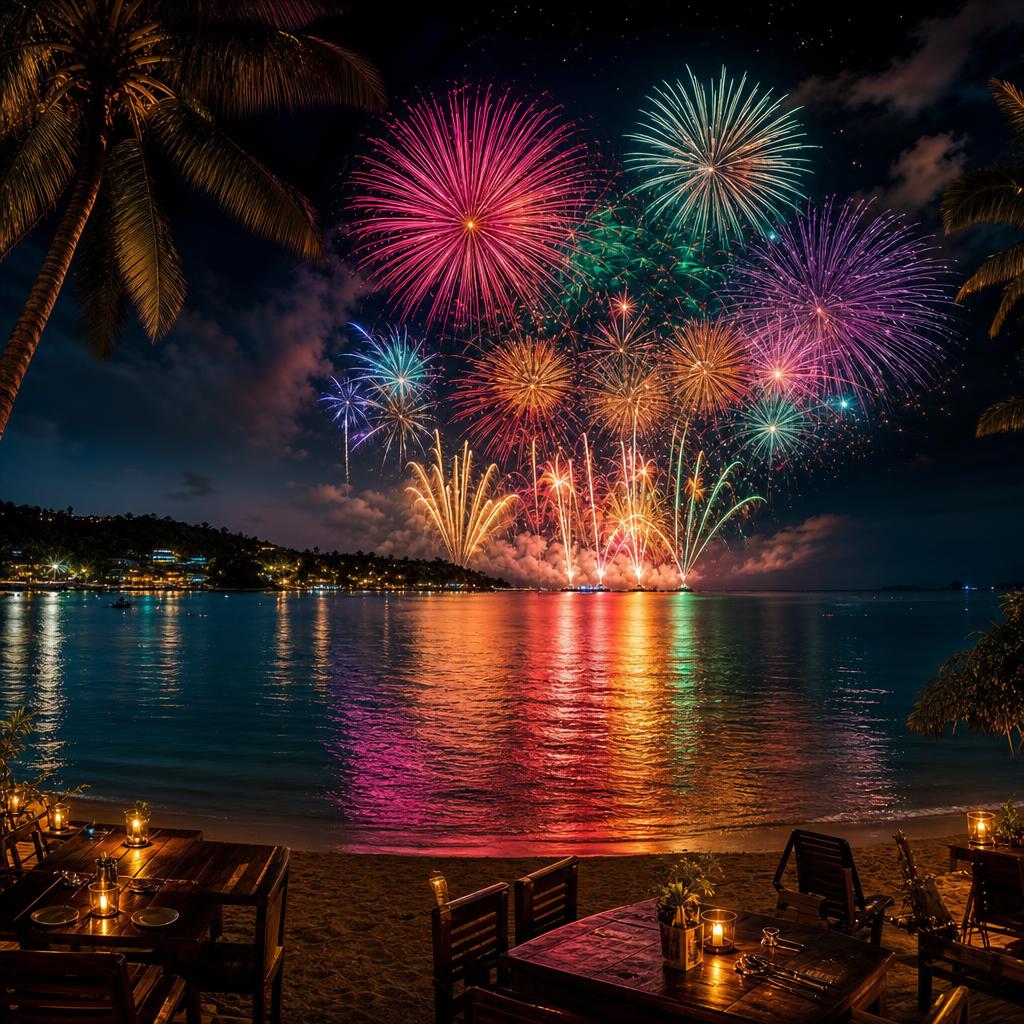 New Year's Eve fireworks visible from Choeng Mon Bay at The Blue Spice