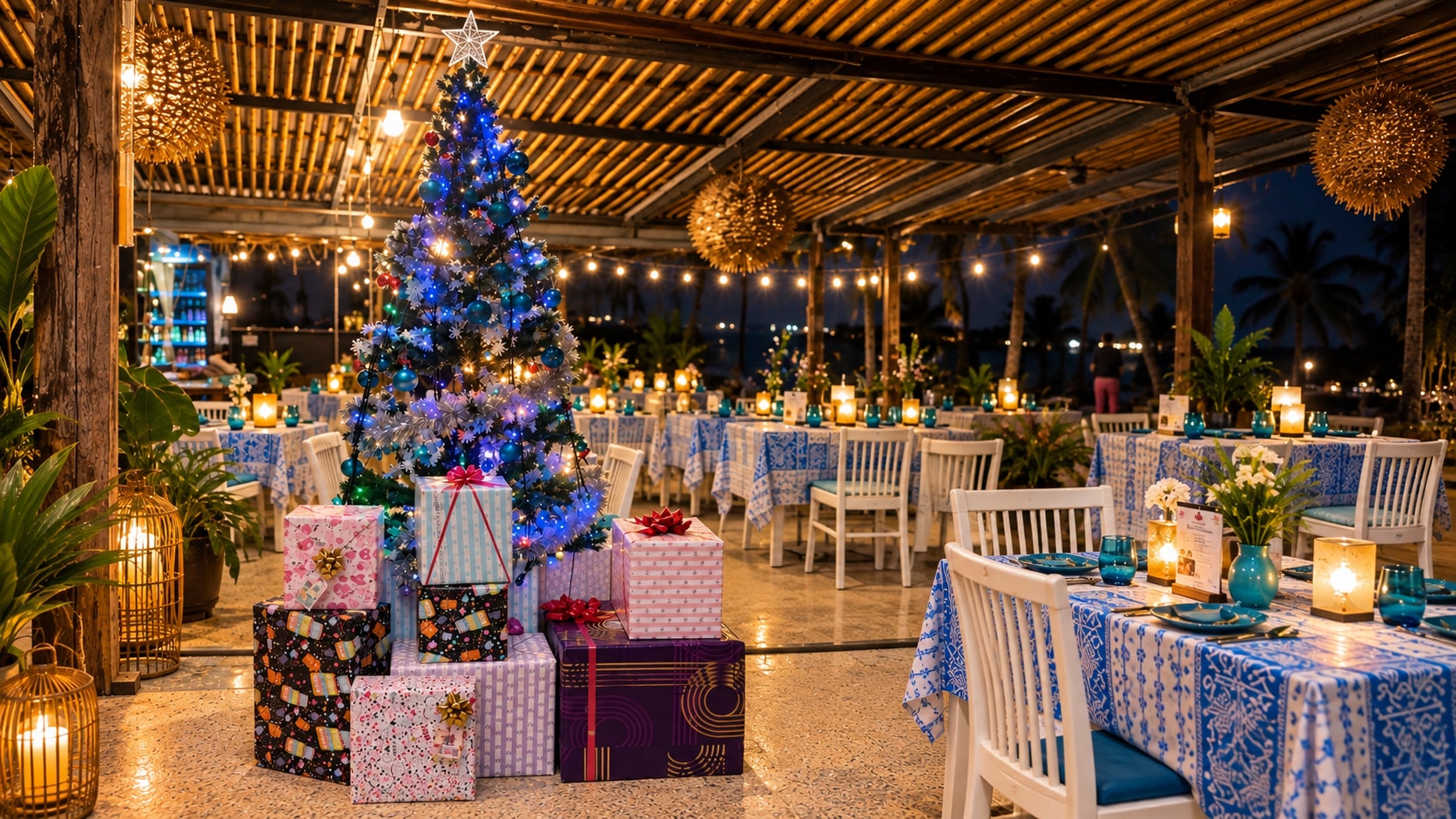 The Blue Spice Samui decorado para Navidad con árbol, regalos y mesas frente al mar