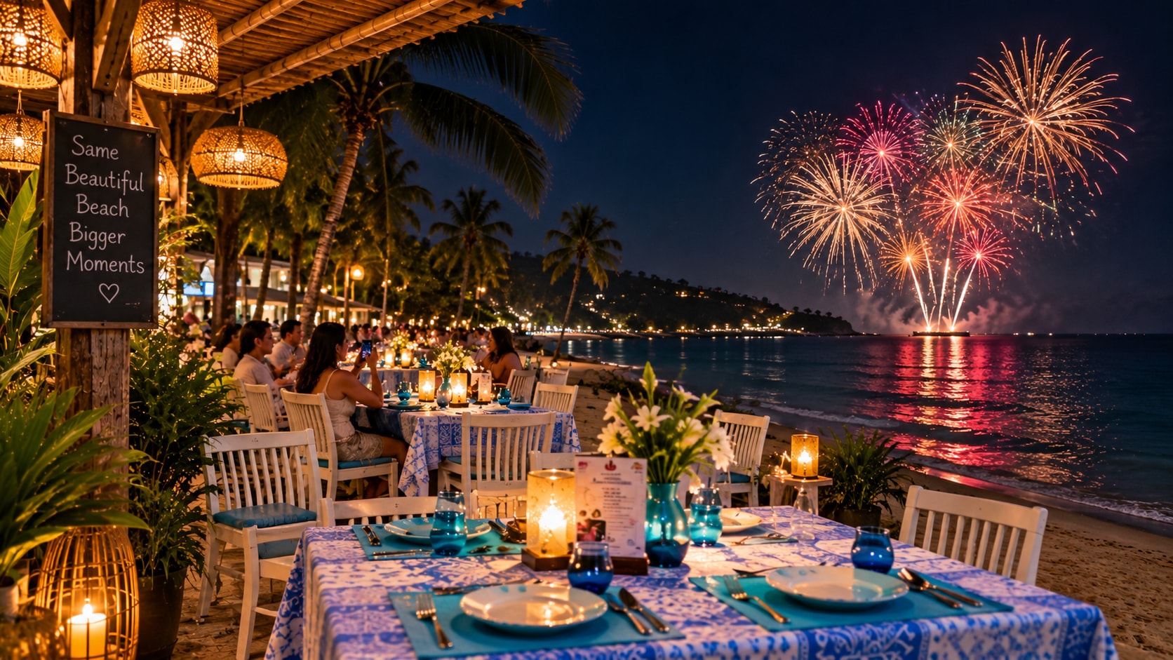 Cena de Nochevieja frente al mar en The Blue Spice Samui con fuegos artificiales sobre la bahía de Choeng Mon